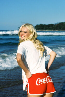 model ayla wearing coke x svs pants at beach